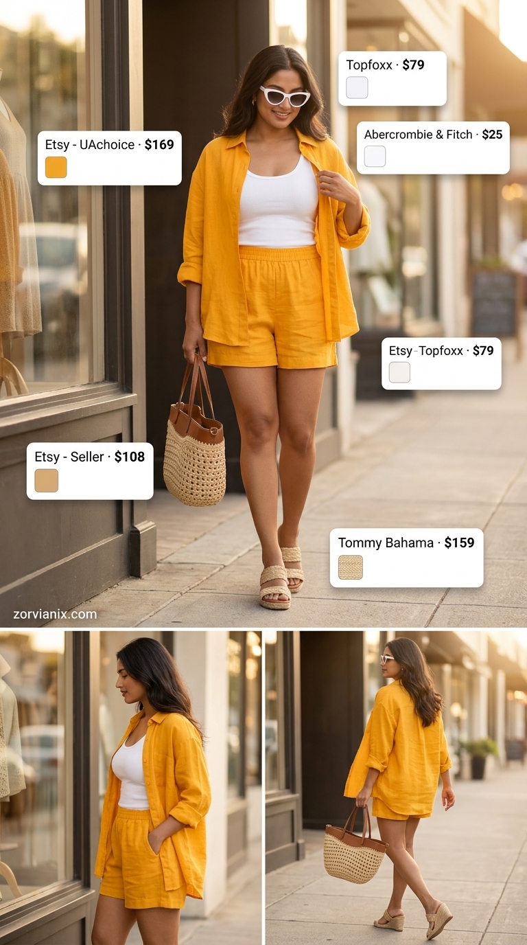 Sunny yellow linen matching set for women, perfect for summer outfits 2026 vacation brunch and resort wear.