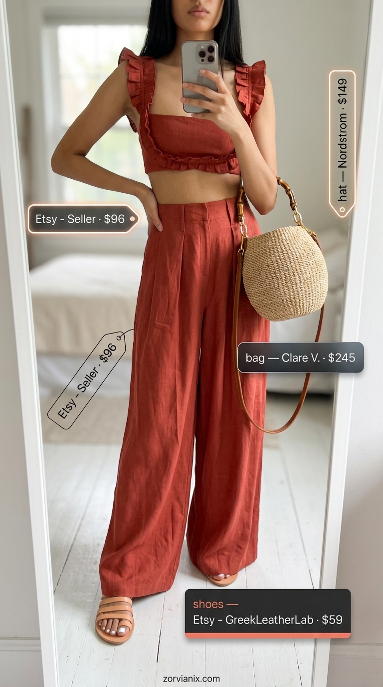 Terracotta linen crop top and wide-leg pants set for chic summer outfits for women 2026 resort wear.