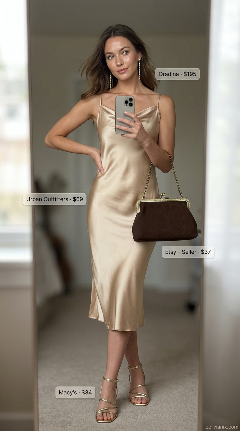Champagne satin slip dress with gold heels for summer outfits for women 2026 date night.