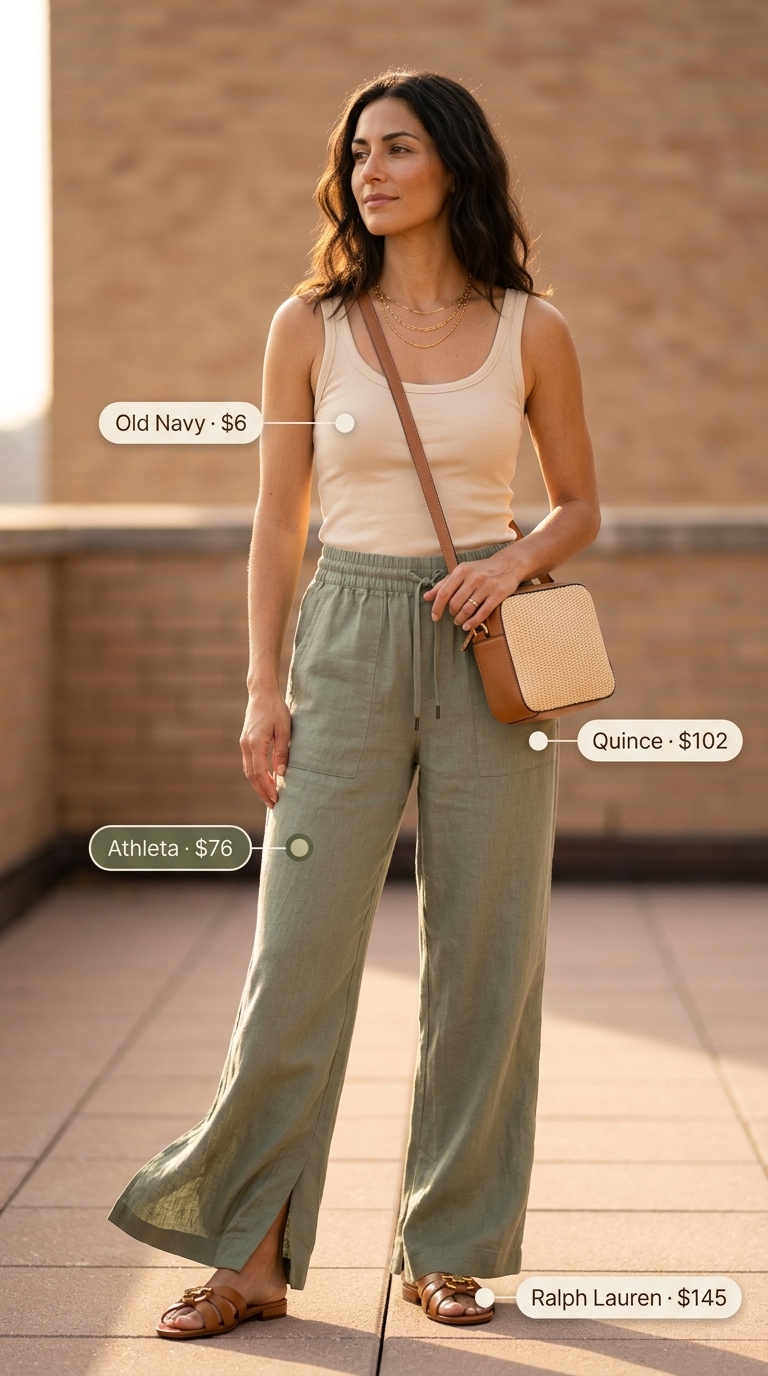 Sage green linen pants and cream tank for summer outfits for women 2026 resort wear.