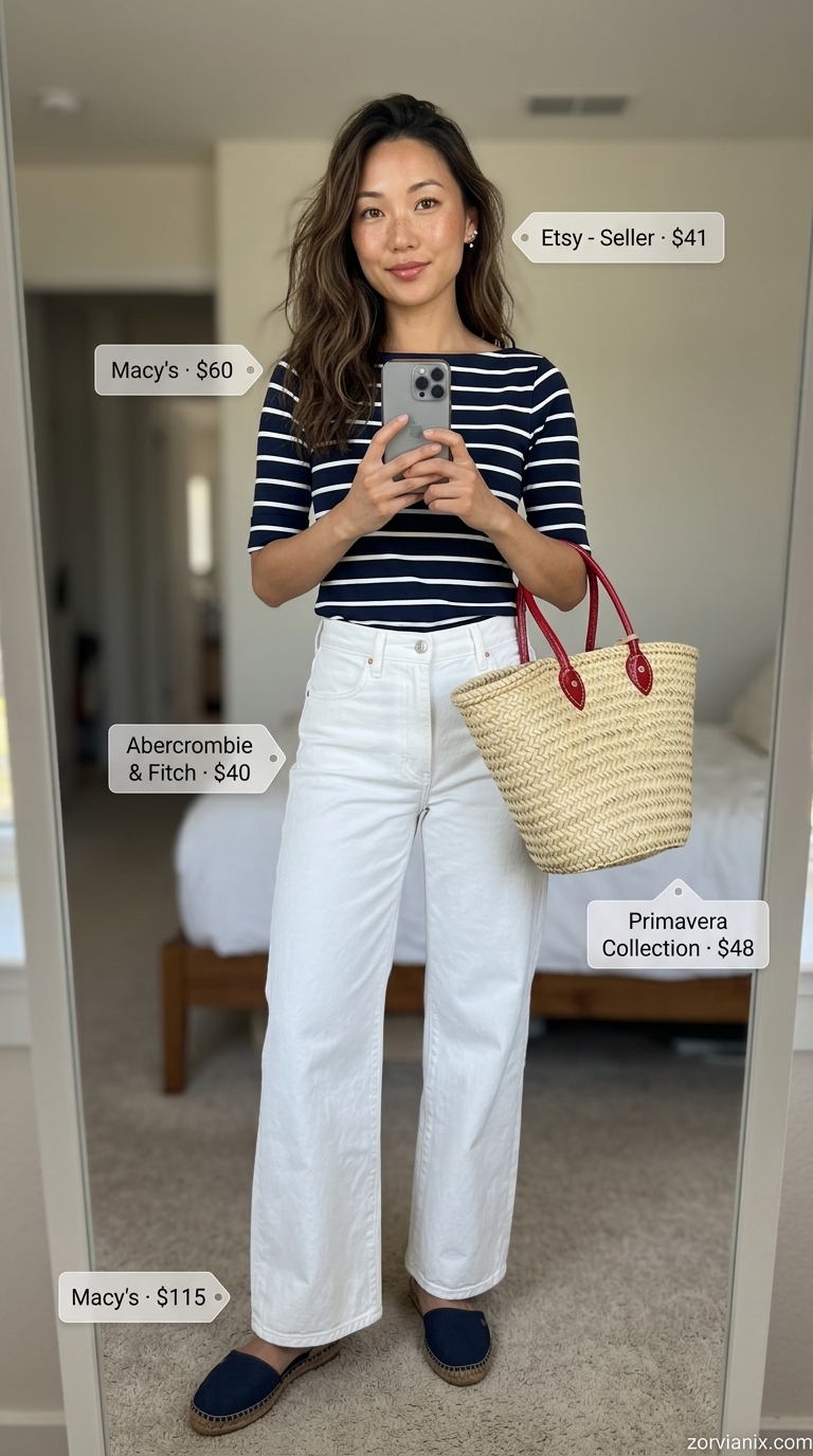 White wide-leg jeans with navy striped top for fresh summer outfits for women 2026 coastal cruise.