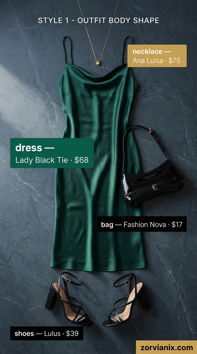 Emerald green satin midi dress with gold jewelry for sophisticated summer outfits for women 2026 date night.