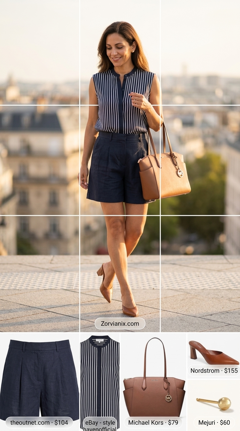 Executive navy linen shorts outfit for summer outfits for women 2026, suitable for smart casual office and business lunch.