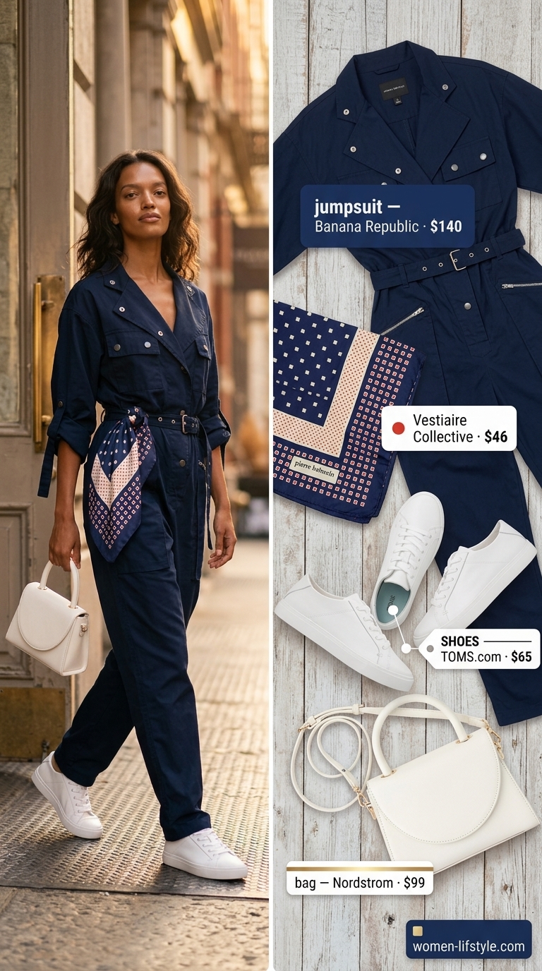 Navy utility jumpsuit, white sneakers, and silk scarf for must have summer clothes for women 2026.
