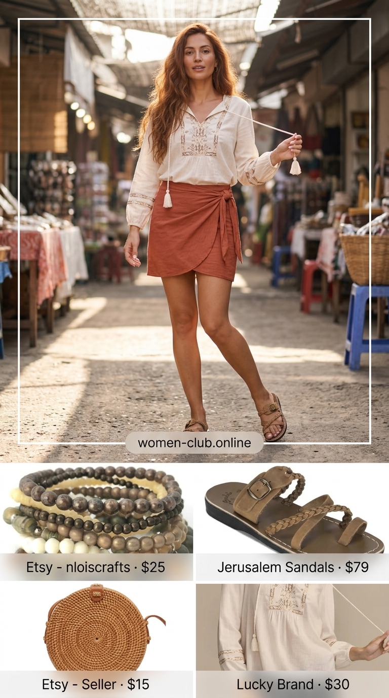 Bohemian Mini Skirt Outfits Summer 2026 Bohemian mini skirt outfit summer 2026: Terracotta crinkle wrap skirt, cream peasant blouse, tan slides, rattan bag.