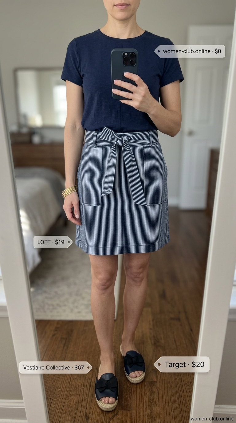 Riviera Mini Skirt Outfits Summer 2026 Riviera mini skirt outfit summer 2026: Navy stripe skirt, white knit top, red bag, espadrille slides.