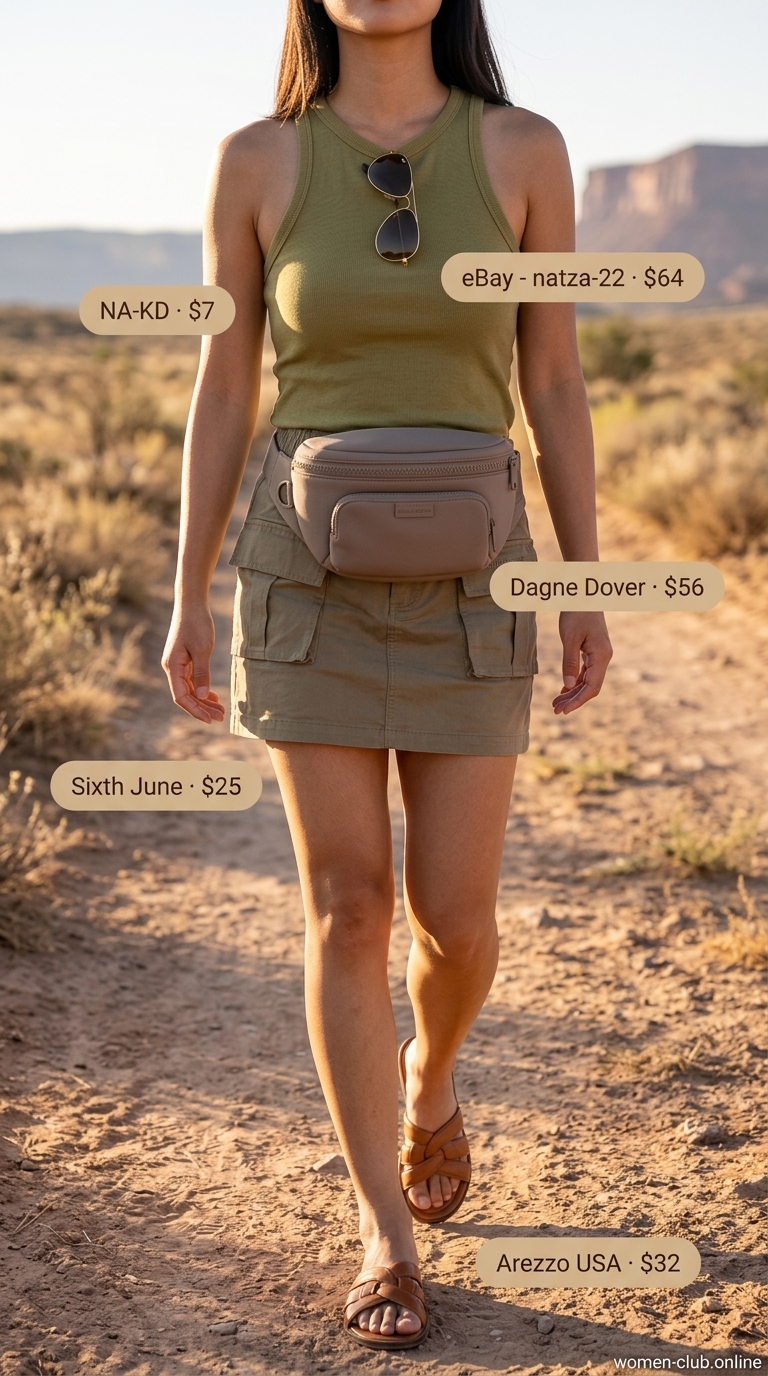Earthy Mini Skirt Outfits Summer 2026 Earthy mini skirt outfit summer 2026: Olive utility skirt, khaki tank, cognac slides, belt bag.