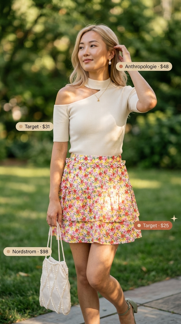Floral Mini Skirt Outfits Summer 2026 Garden Party mini skirt outfit summer 2026: Floral print skirt, cream knit top, block heels.
