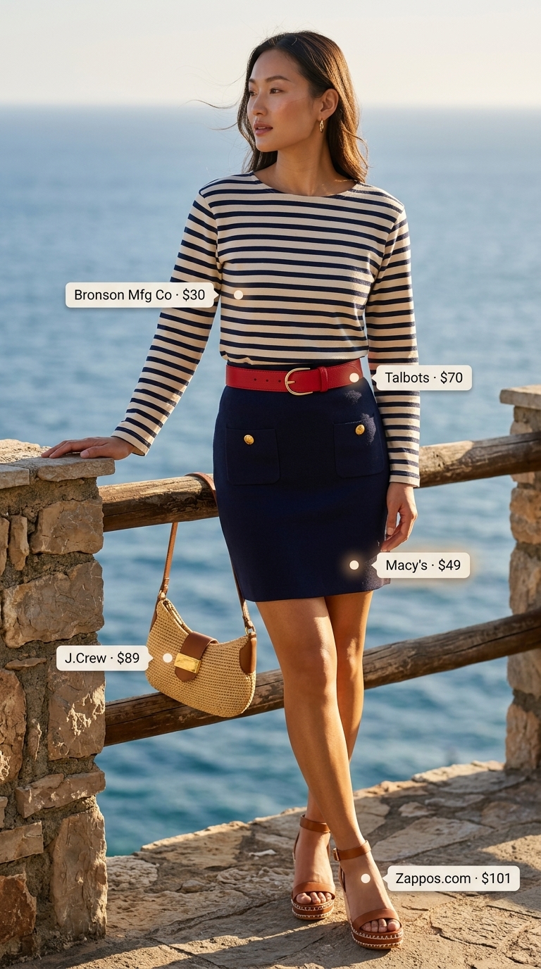 Coastal Mini Skirt Outfits Summer 2026 Coastal Grandeur mini skirt outfit summer 2026: Navy blue cotton twill skirt, Breton stripe top, espadrilles.