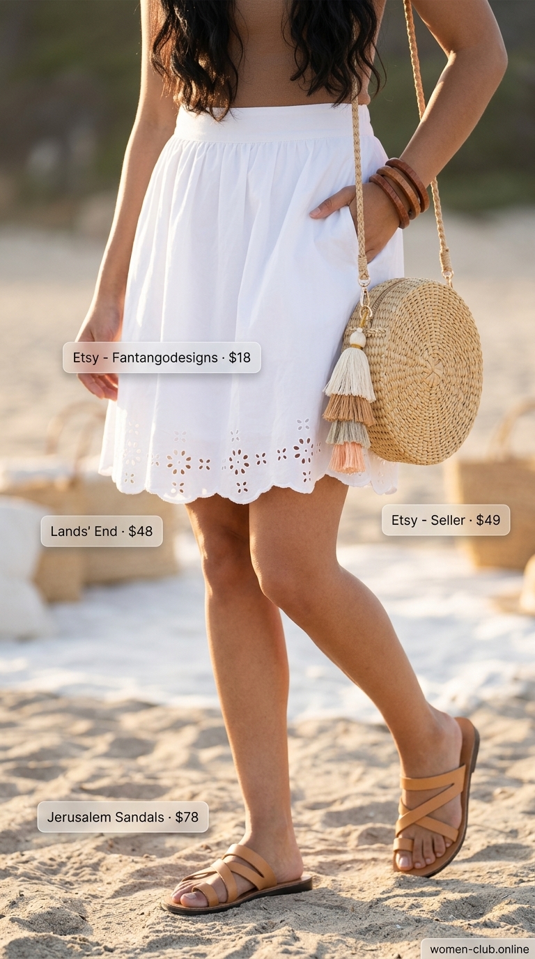 Boho Mini Skirt Outfits Summer 2026 Boho mini skirt outfit summer 2026: White eyelet skirt, off-the-shoulder blouse, leather slides.