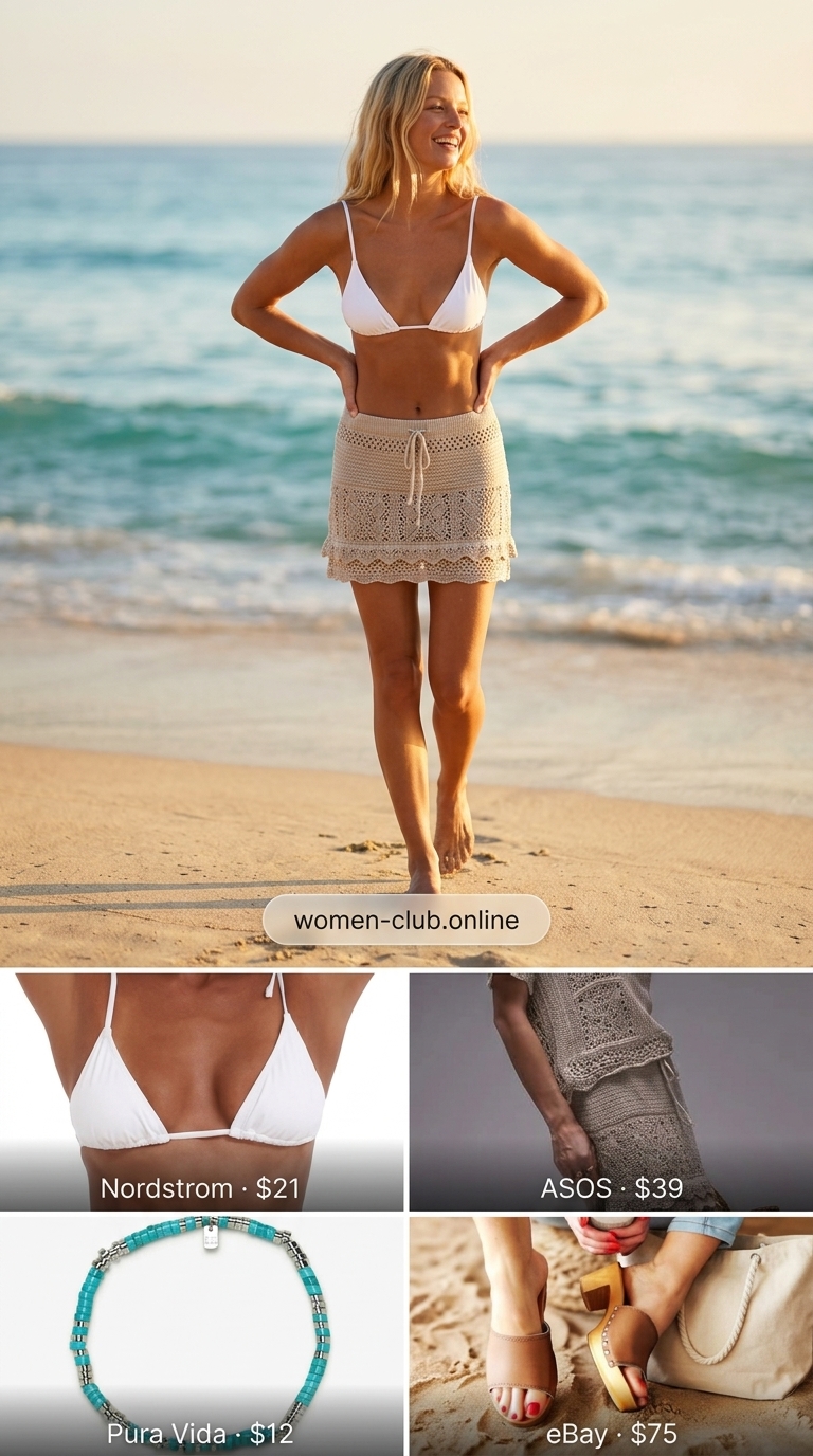 Resort Mini Skirt Outfits Summer 2026 Resort mini skirt outfit summer 2026: Cream crochet skirt, white bikini top, wooden slides, canvas tote.