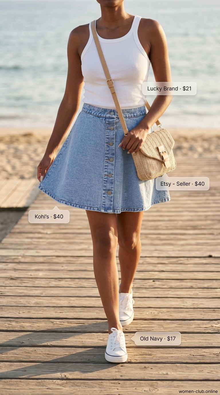 Casual Mini Skirt Outfits Summer 2026 Casual mini skirt outfit summer 2026: Light wash denim skirt, white tank, straw bag, canvas sneakers.