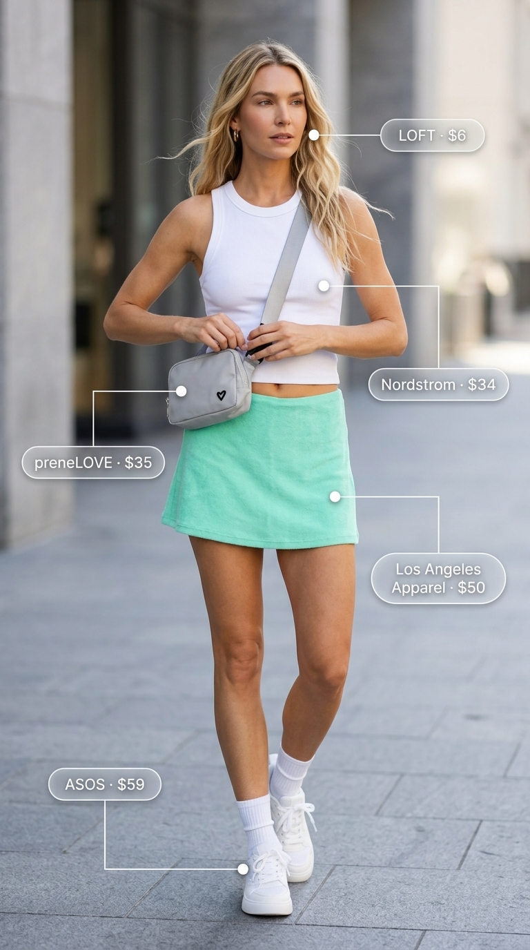 Sporty Mini Skirt Outfits Summer 2026 Sporty mini skirt outfit summer 2026: Mint green terry cloth skirt, white tank, belt bag.