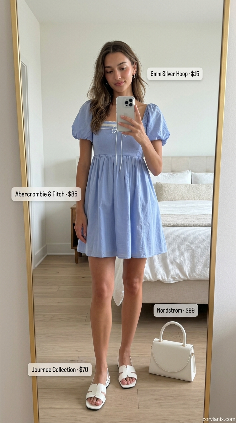 Playful periwinkle blue puff sleeve mini dress for summer wedding guest outfits 2026 parties.