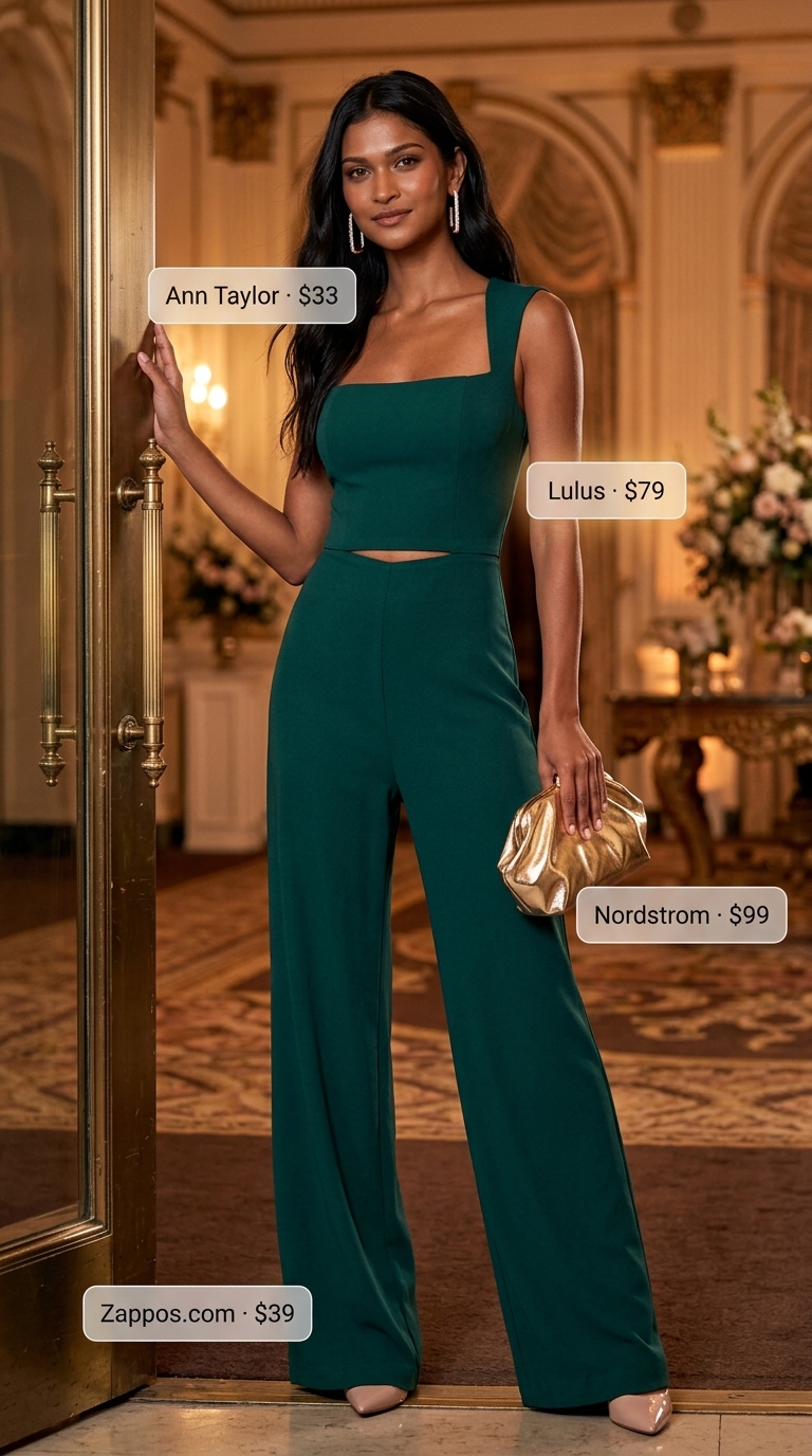 Emerald green wide-leg jumpsuit for summer wedding guest outfits for women 2026. Sophisticated cocktail party look.