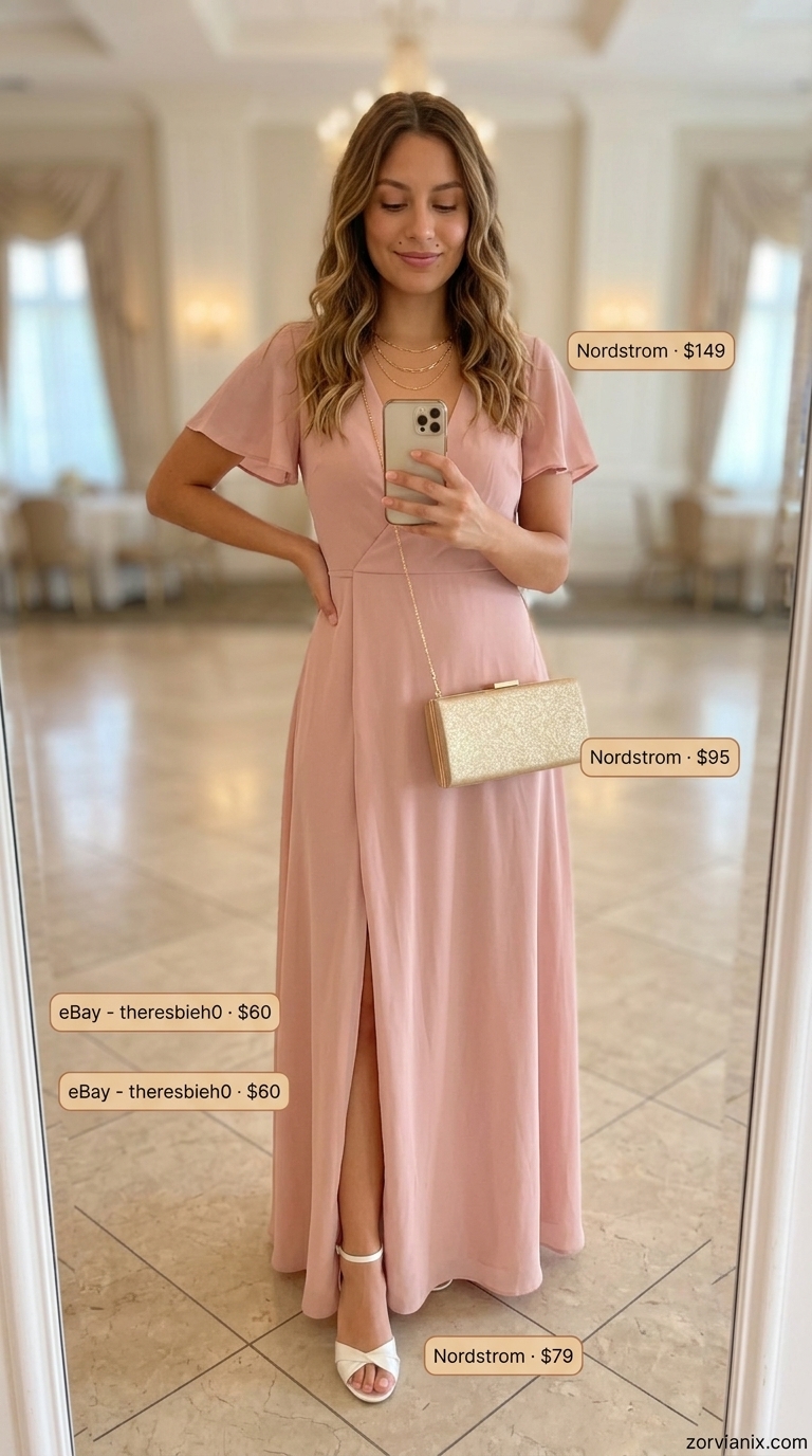 Blush pink wrap dress for summer wedding guest outfits for women 2026. Elegant garden party look with block heel sandals.