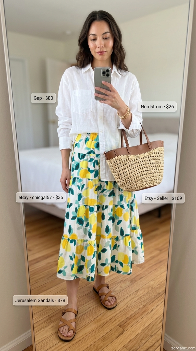Yellow citrus print skirt outfit for summer wedding guest outfits for women 2026. Playful daytime look with linen shirt.