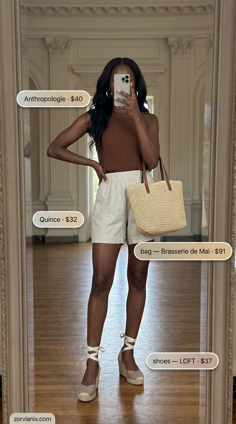 Coastal breeze linen shorts and eyelet blouse for summer wedding guest outfits 2026. Relaxed and chic for beach events.