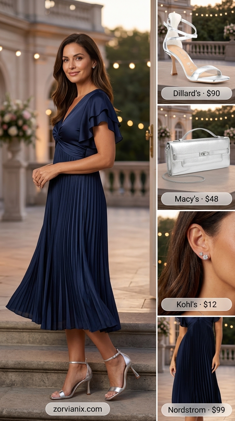 Classic navy blue pleated midi dress for summer wedding guest outfits 2026 formal events.