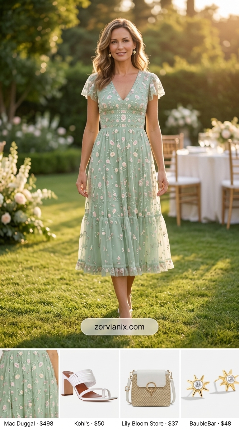Charming mint green embroidered midi dress for summer wedding guest outfits 2026 garden parties.