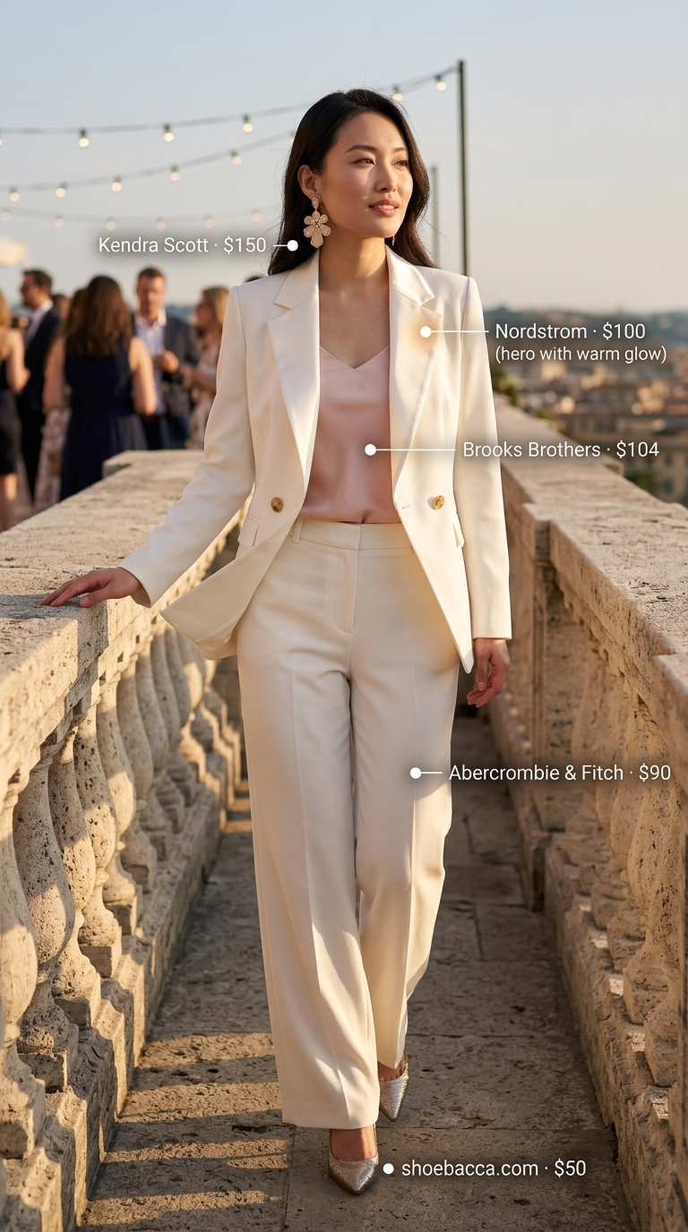 Tailored ivory pantsuit for summer wedding guest outfits 2026. Chic and polished for cocktail events.