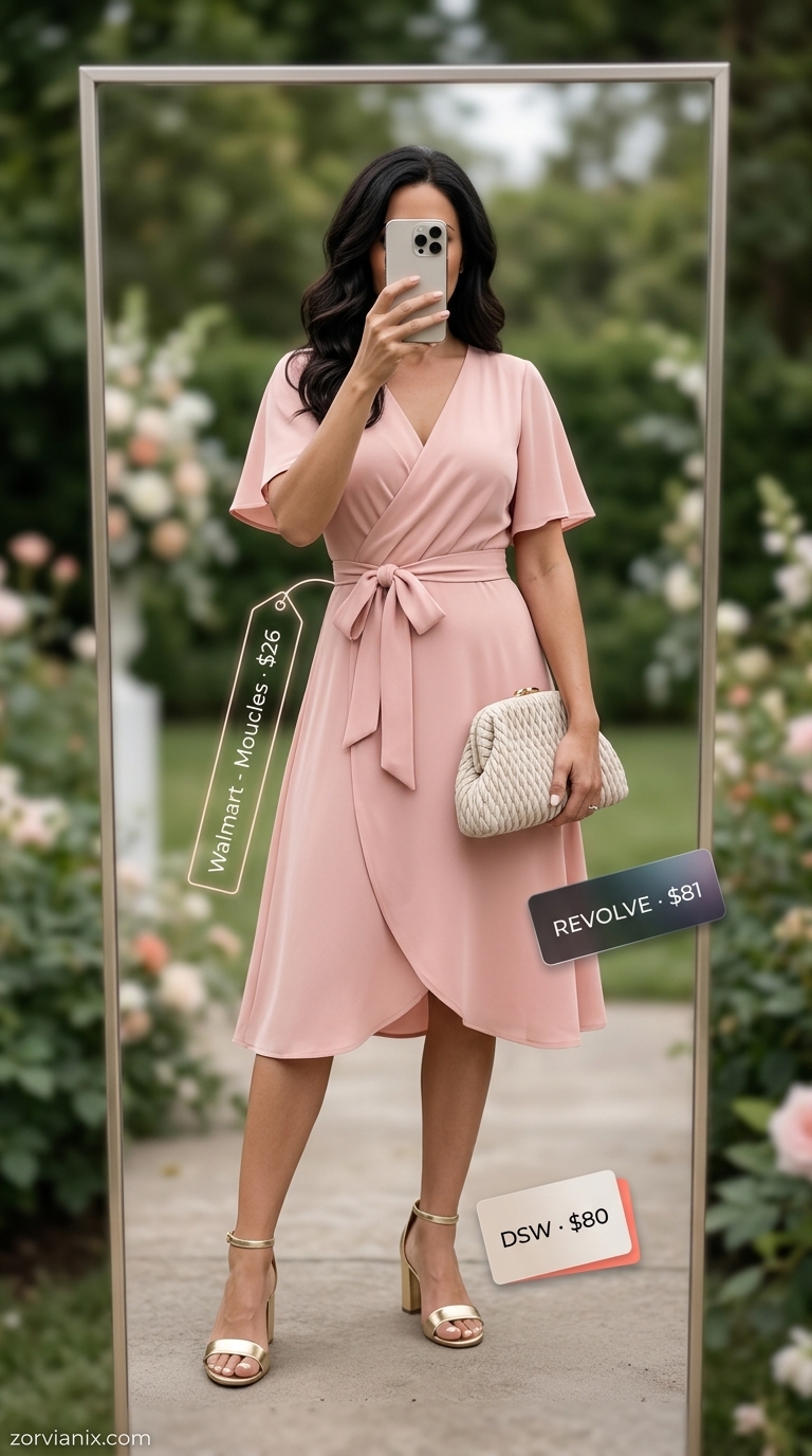Elegant blush pink midi wrap dress for summer wedding guest outfits 2026 brunch and evening events.