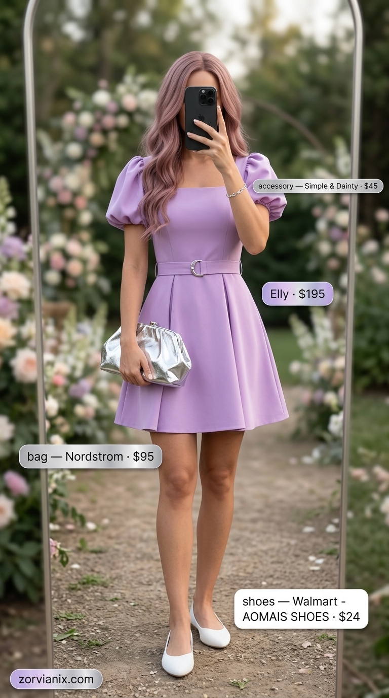 Lavender mini dress for summer wedding guest outfits 2026. Sweet and feminine for daytime events.