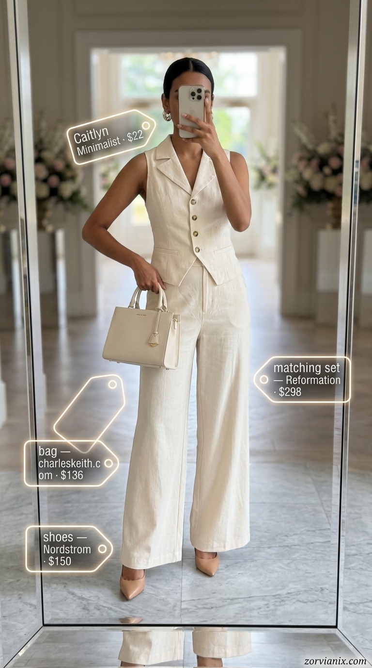 Cream matching set for summer wedding guest outfits for women 2026. Minimalist evening attire with nude heels.