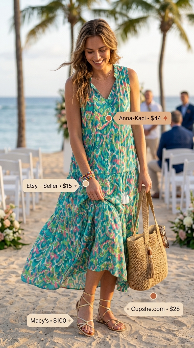 Effortless maxi dress for summer wedding guest outfits 2026. Vibrant teal, coral, yellow print, perfect for beach weddings.