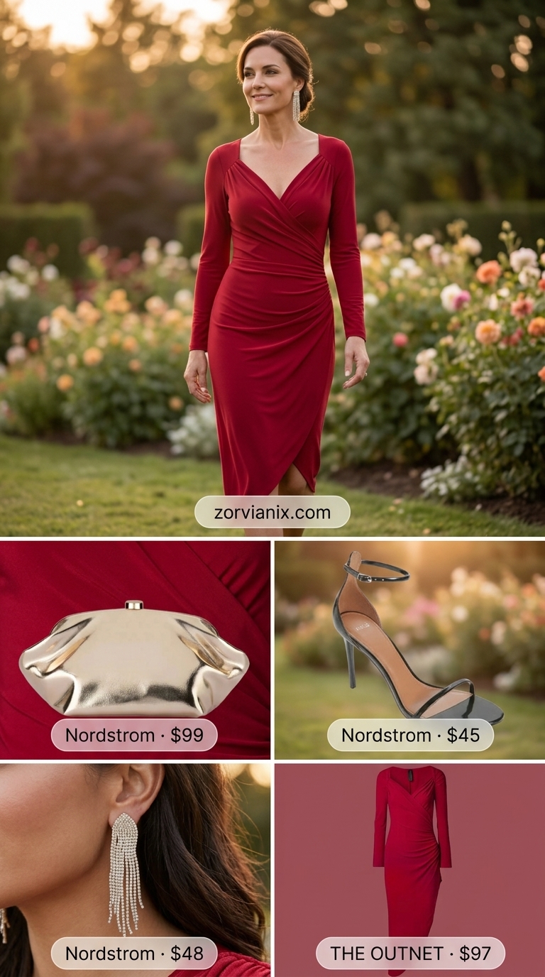 Bold crimson red ruched midi dress for summer wedding guest outfits 2026 evening celebrations.