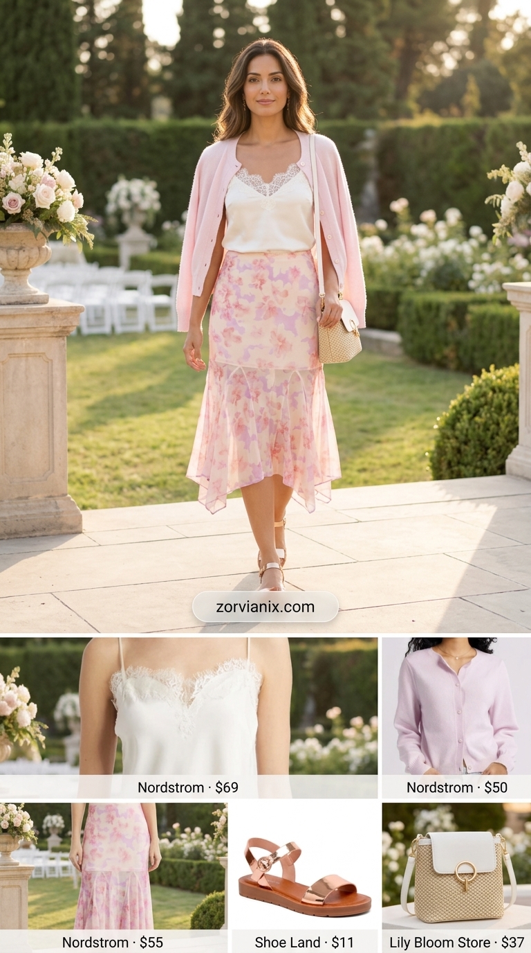 Pastel floral skirt outfit for summer wedding guest outfits for women 2026. Romantic garden party look with knit cardigan.