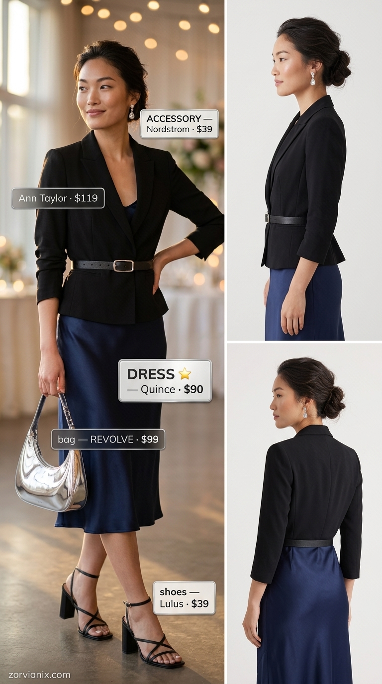 Elegant navy blue slip dress for summer wedding guest outfits 2026. Sophisticated for evening receptions.