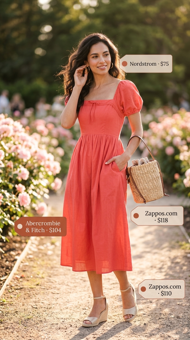 Coral midi dress for summer wedding guest outfits for women 2026. Chic daytime look with espadrille wedges.