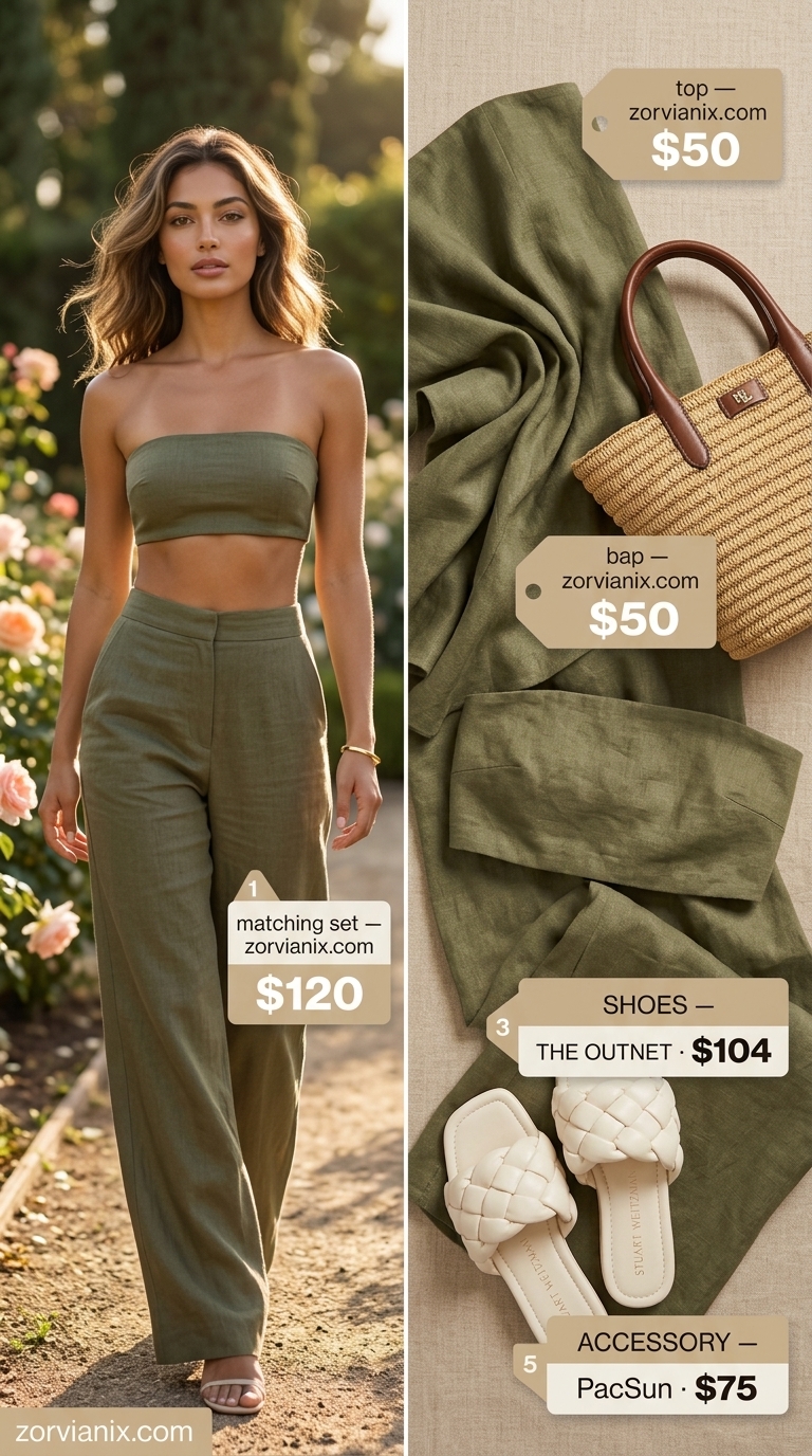 Chic olive green linen co-ord for summer wedding guest outfits 2026. Relaxed and stylish for beach or resort wear.