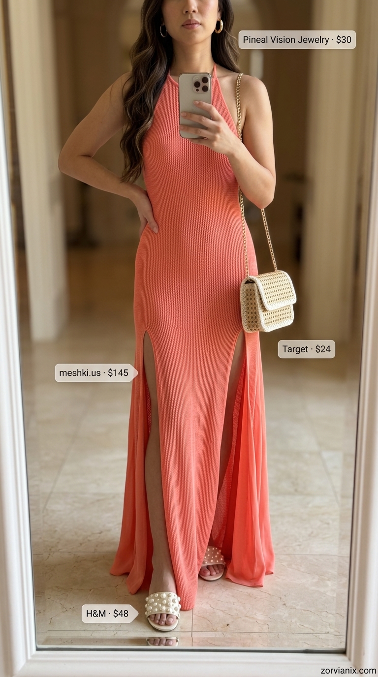 Coral maxi dress for summer wedding guest outfits for women 2026. Bohemian beach wedding look with straw hat and flat sandals.
