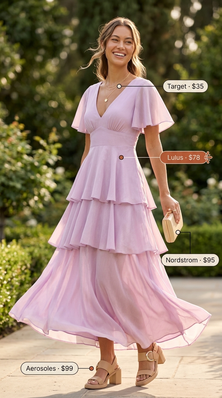 Romantic floral maxi dress for summer wedding guest outfits 2026 garden parties and outdoor ceremonies.