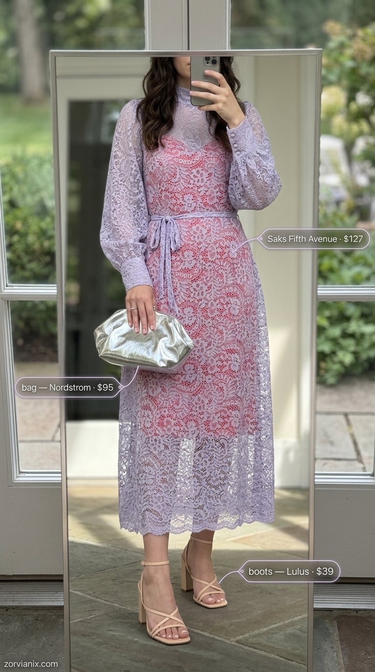 Romantic lavender lace midi dress for summer wedding guest outfits 2026 bridal showers.