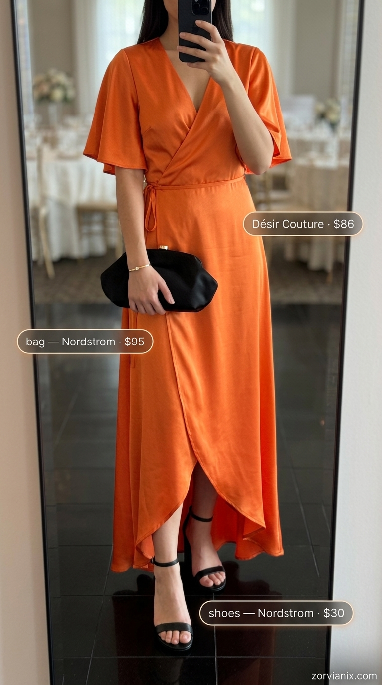 Mango orange wrap dress for summer wedding guest outfits 2026. Vibrant and sophisticated for rooftop events.