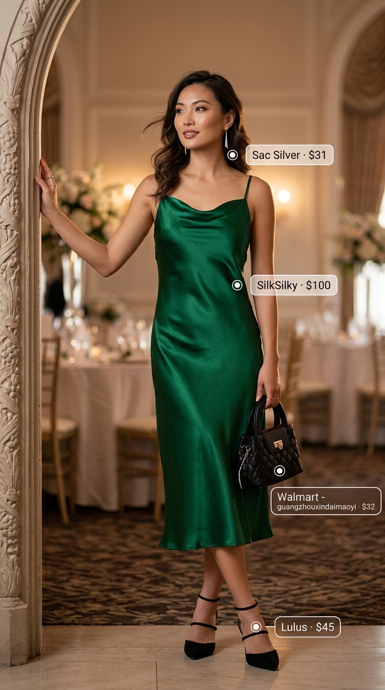 Chic emerald green slip dress for summer wedding guest outfits 2026 evening receptions.