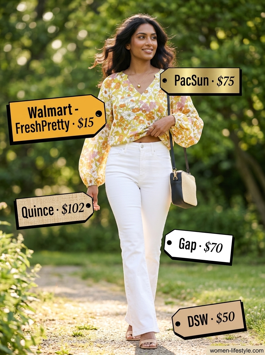 Summer garden party white jeans outfit for women 2026: Flare jeans, floral blouse, and block heels.