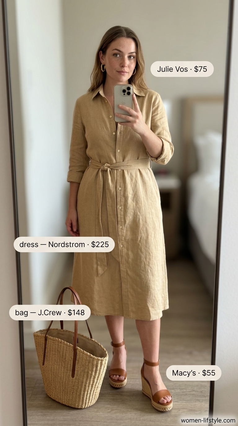 Natural beige linen shirt dress with espadrilles for casual summer wedding guest outfits 2026.