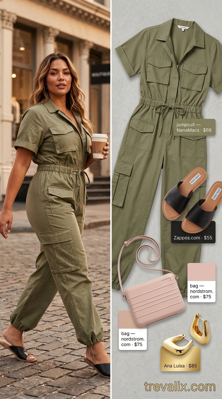 Urban Safari Chic: Summer Outfits 2026 Versatile summer must have outfits for women 2026: Olive linen jumpsuit, flat sandals, crossbody bag, and gold hoops for casual travel.