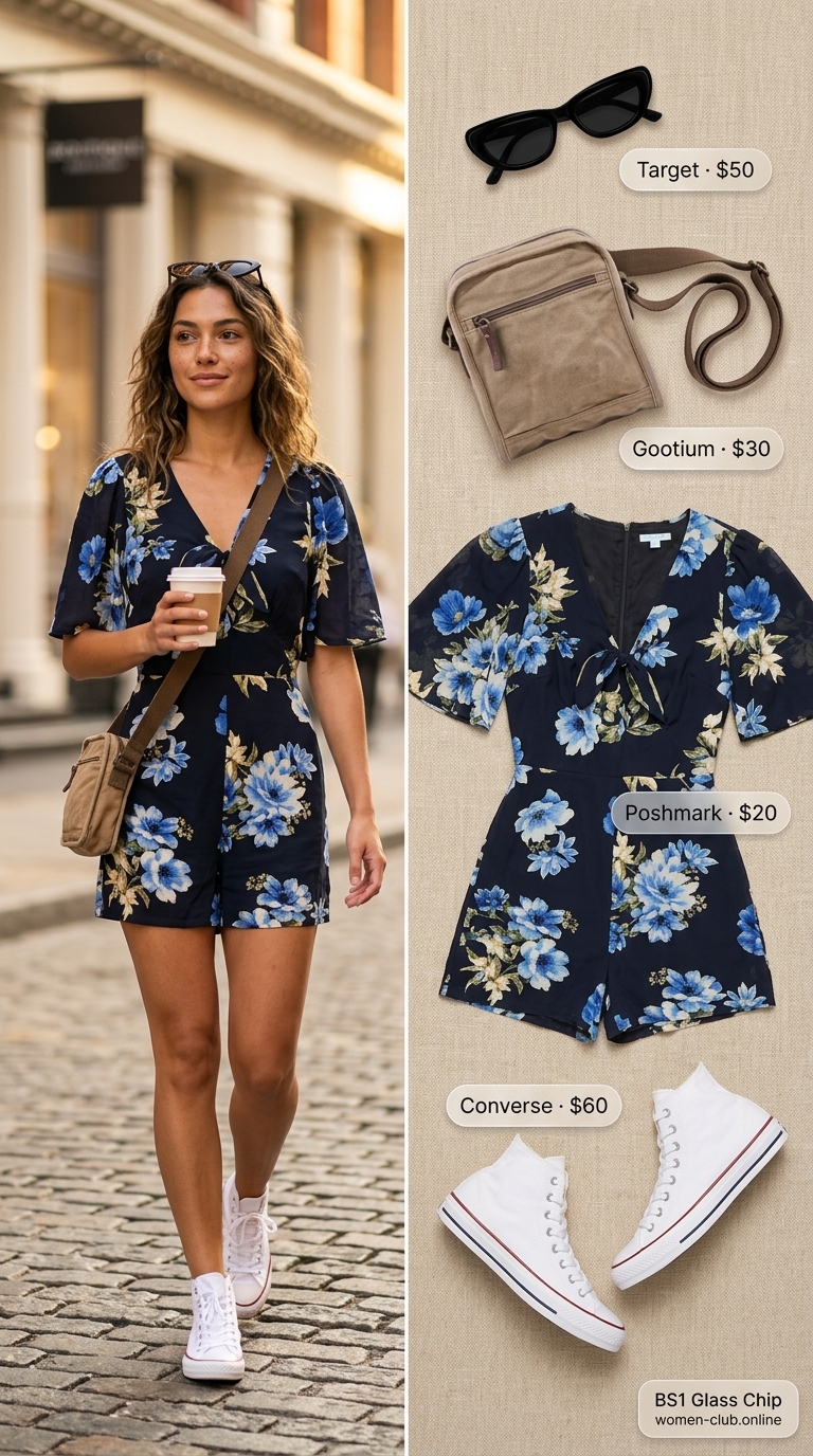 Playful minimal hot weather summer outfits for women 2026. A navy floral print romper, white sneakers, tan crossbody bag, and retro cat-eye sunglasses for a city sightseeing day.