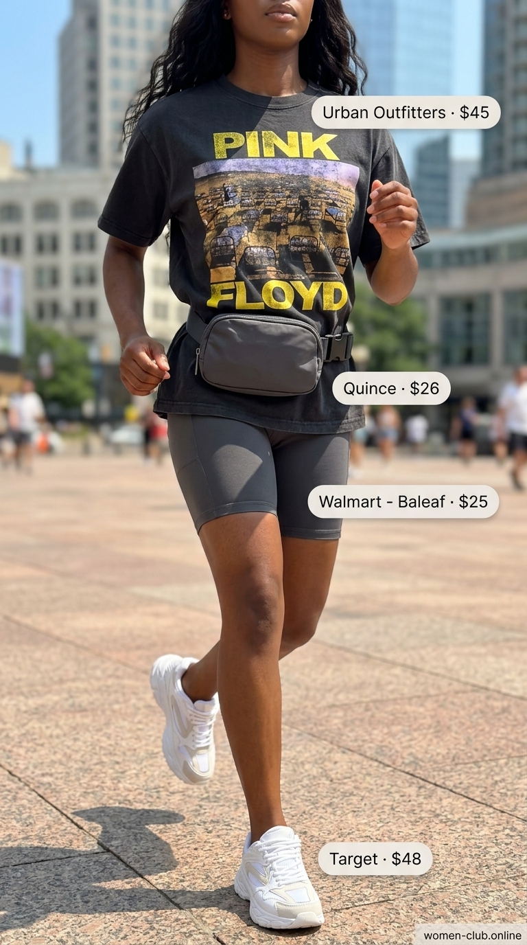 Sporty minimal hot weather summer outfits for women 2026. An oversized graphic tee, charcoal biker shorts, chunky white sneakers, a black belt bag, and a baseball cap for casual errands.