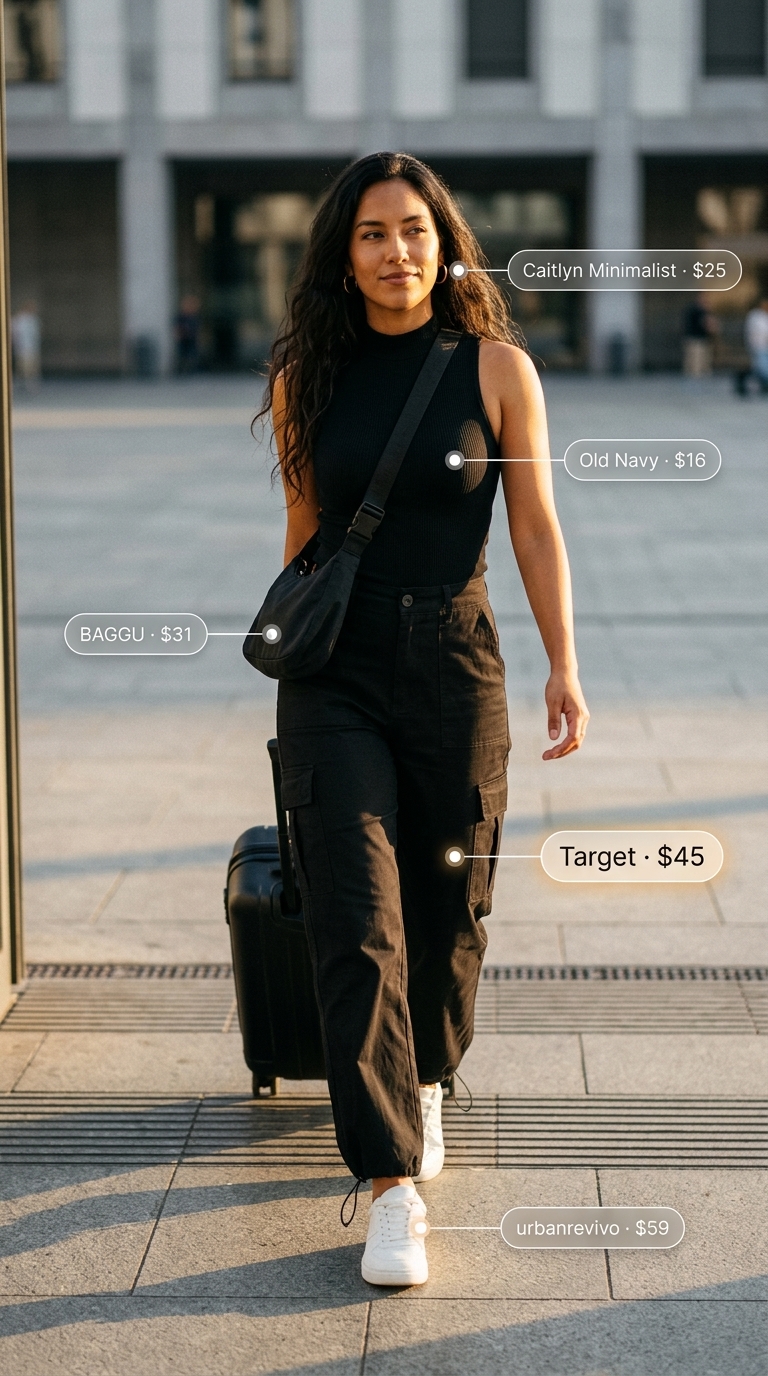 Adventurous Urban Safari minimal hot weather summer outfit for women 2026. Khaki cargo pants, black fitted top, and white sneakers for city exploration.