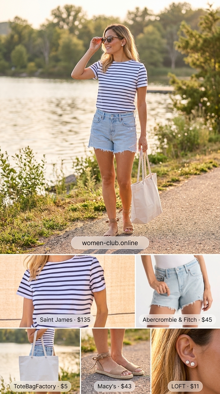 A classic striped t-shirt and light wash denim shorts with tan espadrille sandals, making a casual minimal hot weather summer outfit for women, great for a 2026 lakeside lunch.