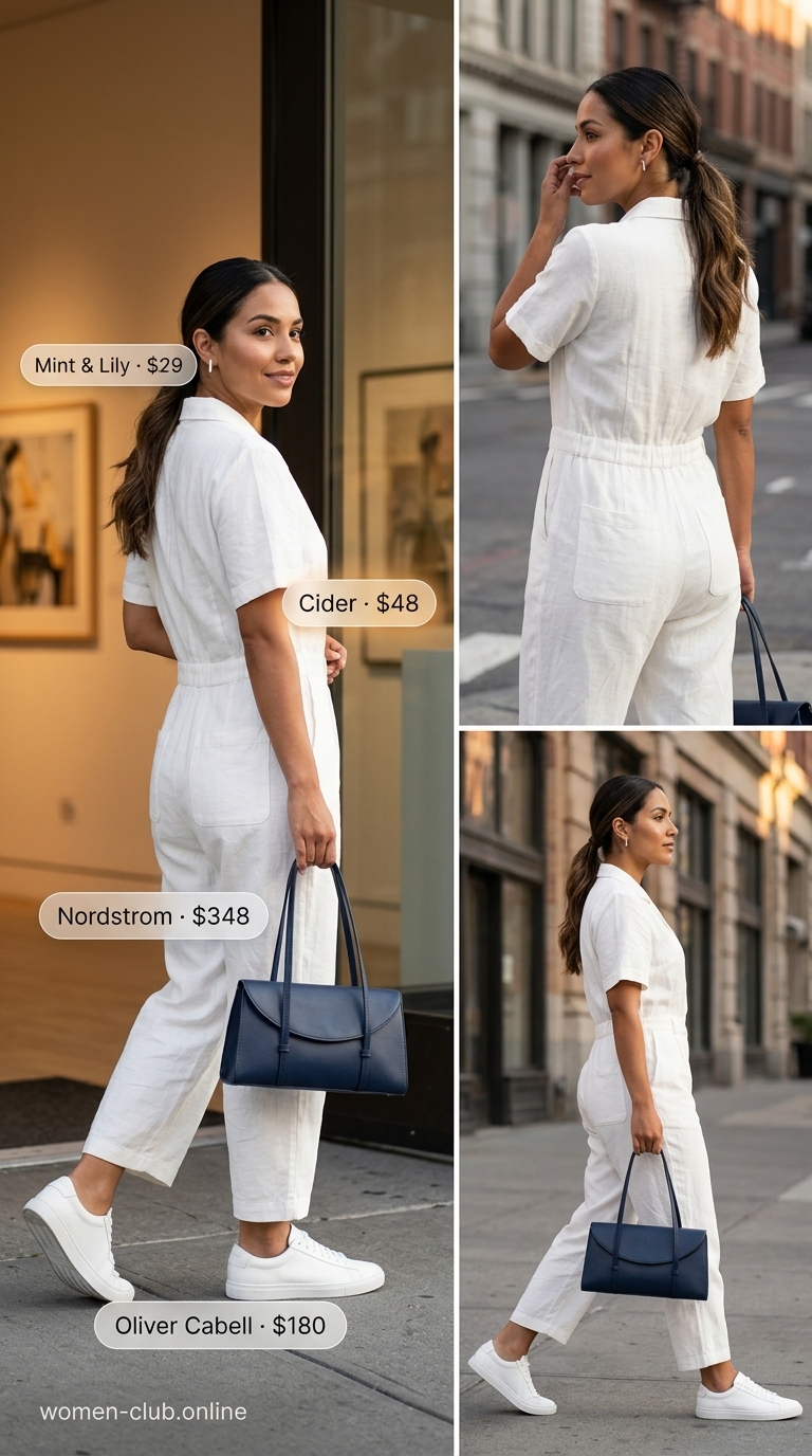 Polished minimal hot weather summer outfit for women 2026. Navy linen jumpsuit, white low-top sneakers, and structured shoulder bag for a museum visit.