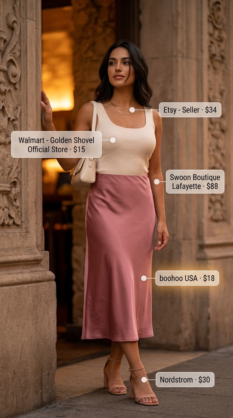 An elegant Dusty Rose satin maxi skirt and cream knit top form a romantic minimal hot weather summer outfit for women, ideal for a 2026 sunset dinner date.