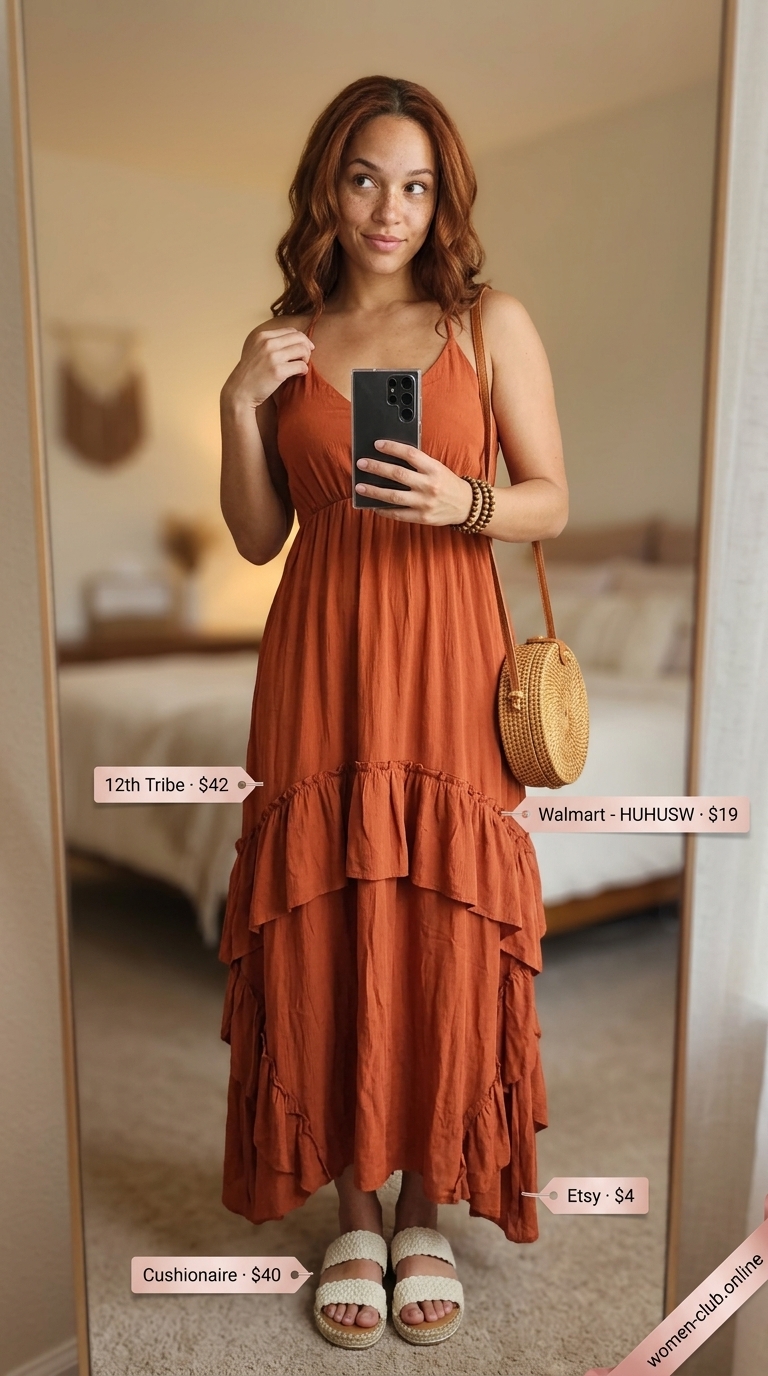 Free-spirited minimal hot weather summer outfits for women 2026. A terracotta flowy tiered maxi dress, cream woven sandals, a circular straw bag, and wooden beaded bracelets for a boho beach day.