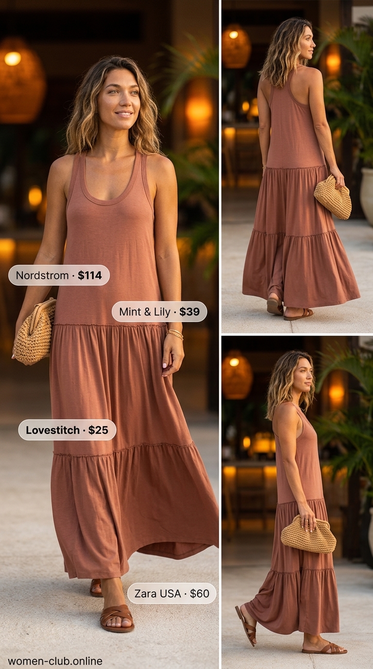 Serene minimal hot weather summer outfits for women 2026. A terracotta tiered maxi dress, cream flat sandals, a woven raffia clutch, and stacked gold bracelets for a beach dinner.